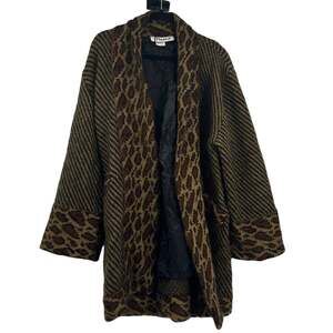 VTG Primo Wool Blend Brown Black Chevron Leopard Trim Open Front Pocket Jacket M